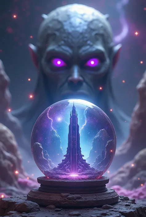 Image A crystal ball on a tarot ,  inside the ball, the image of a giant tower floating in outer space with a galaxy background with aliens and star beings floating on top surrounding it.. The face of an alien in the background behind the crystal ball , si...