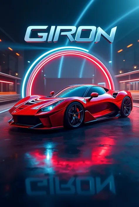 A cinematic logo circle design for Importadora y Exportadora Giron, a sports car. a 3D RED CHROME sport CAR. At the bottom, the design uses blue, red, and white colors the logo inside a Circleand 3D rendering styles. The design features a  Car And the text...