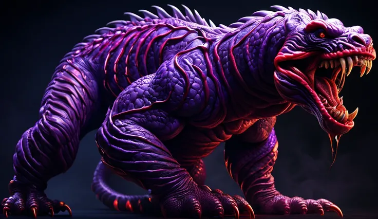 A twisted, infernal half-snake, half-gorilla born from pulsing purple-red flesh, its body a grotesque mixture of muscle and sinew, and clawed appendages growing out of its sides like grasping fingers.