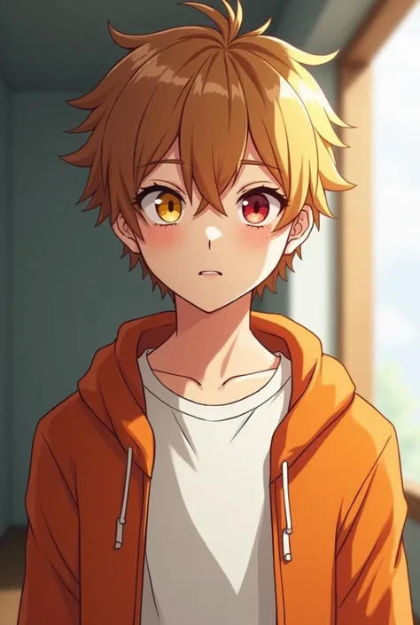 Very handsome college student, 20 years old, 1st grade, handsome, very very light brownish orangish hair, white t-shirt with a orange jacket, anime, closed eyes, introverted, slit, thin, sharp odd eyed (one light yellow, the other dark red), masculine, mal...