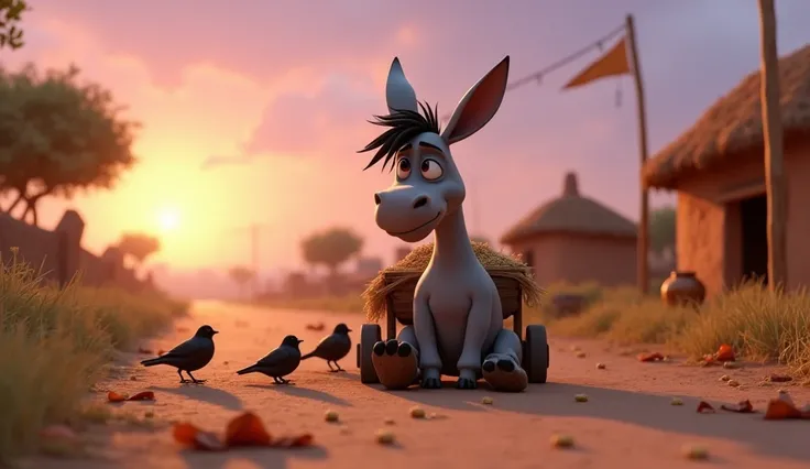  .A cheerful 3D disny cartoon-style donkey.
• Setting: A quiet village scene during dusk.
Character Details: Uddat sits tied to the cart, his head hanging low, and his hooves covered in dry mud. A group of chirping sparrows peck at grains nearby.
Environme...