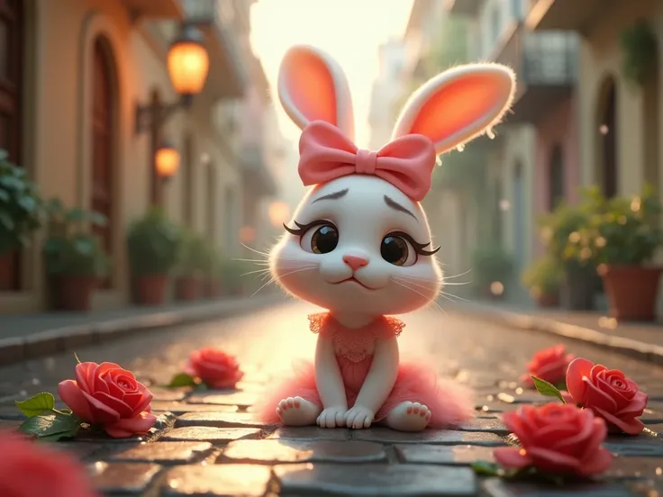 "Create a whimsical animated scene of a white rabbit with big eyes, a sad, crying expression, sitting on a wet cobblestone street in a light rain. The rabbit is wearing a pink dress with a lace collar and has a pink bow on its head. Surround the rabbit wit...