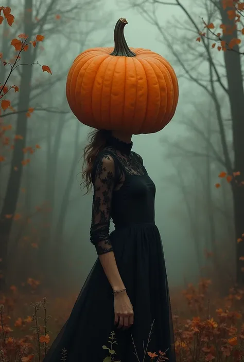 Female with a Pumpkin outside her head, Just a pumpkin on her head.