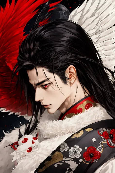 moonlight Japanese semi realistic male, skinny fit body ,Handsome face ,tengu, black slightly messy long hair, open forehead no bangs, evil red eyes , black wings majestic big wings, Japanese clothes