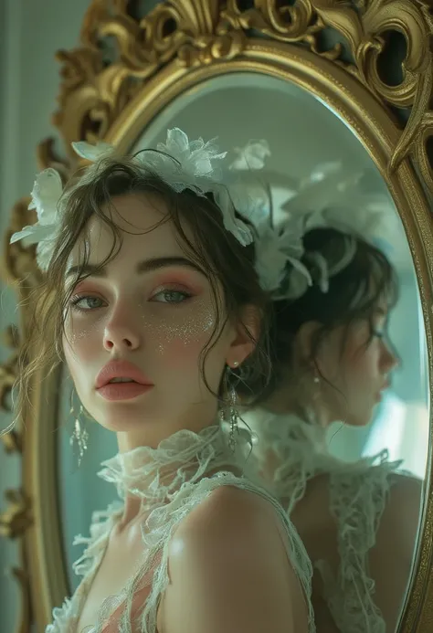 This is a highly detailed, high-resolution photograph featuring a young woman with an ethereal, almost Victorian aesthetic. She stands in front of a large, ornate mirror with a gold-framed edge, creating a sense of symmetry and doubling her image. Her skin...