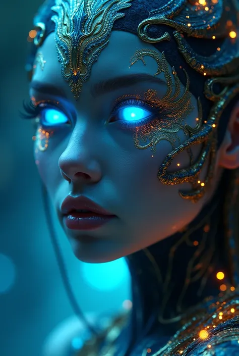 The goddess, Fortuna, bioluminescence eyes, head to breast, silicone cybernetics. High Resolution, Masterpiece, Award Winning, Best Quality, High Details, High Quality, UHD, Optical Illusion, Impressionism, Art Deco, Cinematic, Cinematography, Futurism, Hy...