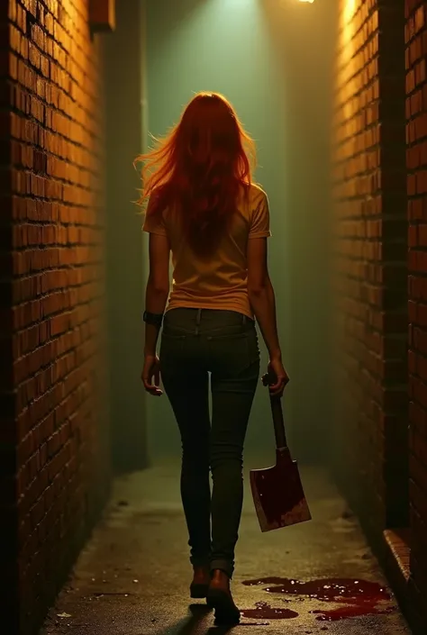 Candid image, photography, natural textures, highly realistic light, editorial, creates an image In a dark, narrow alley lit by warm lights, a young woman with long, fiery red hair, dressed in a tight yellow t-shirt and skinny jeans, stands. The atmosphere...