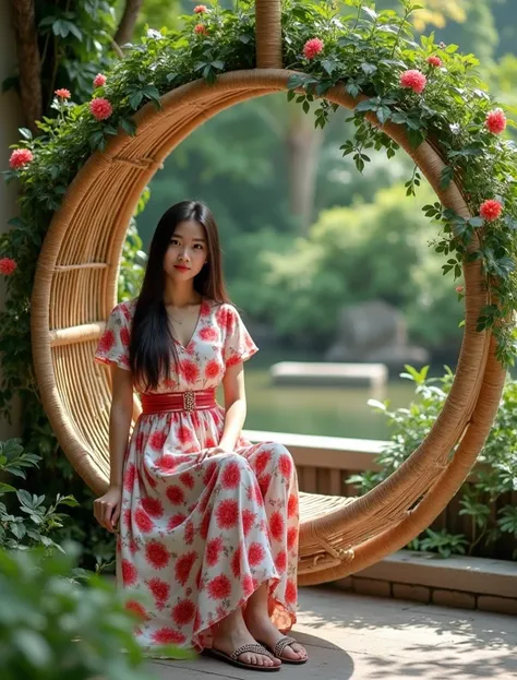 An oval rattan swing decorated with beautiful tanaman hijau merambat yang berbunga kecil warna-warni, and a beautiful 30 year old indonesian, woman sitting relaxed on the swing, looking directly on camera, wear fashionable short sleeve red/white combinatio...