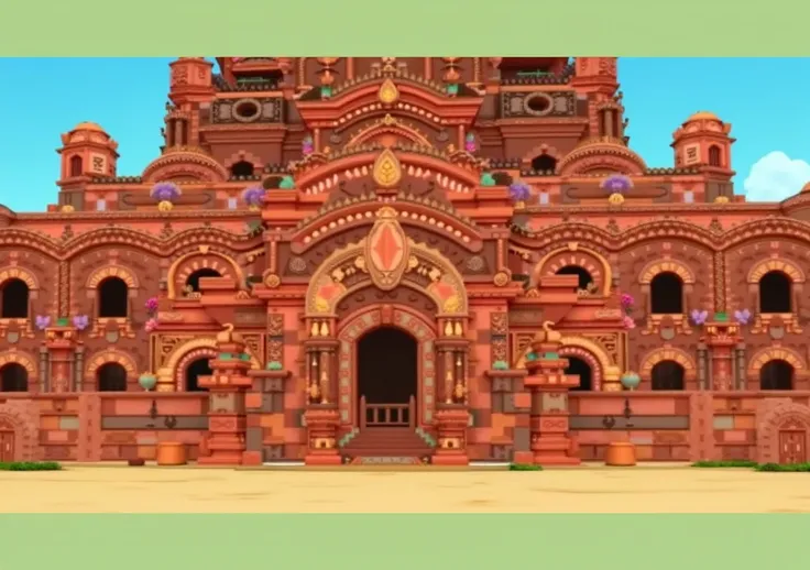 A large ornate terracotta palace with intricate detailing, surrounded by a vast sandy area and a green tree on the left, under a clear blue sky, rendered in a video game style.