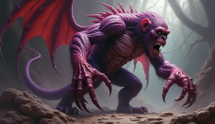 A twisted, infernal half-snake, half-gorilla born from pulsing purple-red flesh, its body a grotesque mixture of muscle and sinew, and clawed appendages growing out of its sides like grasping fingers.