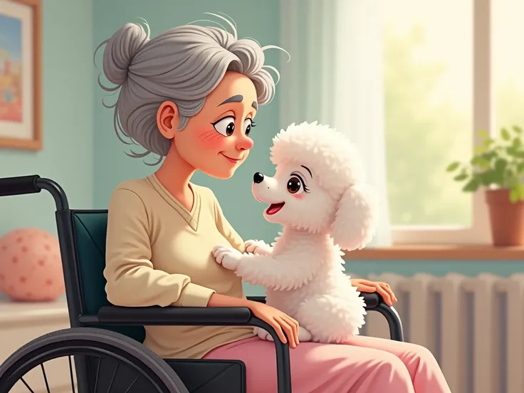 an older woman in rehabilitation with her white poodle puppy,  anime style