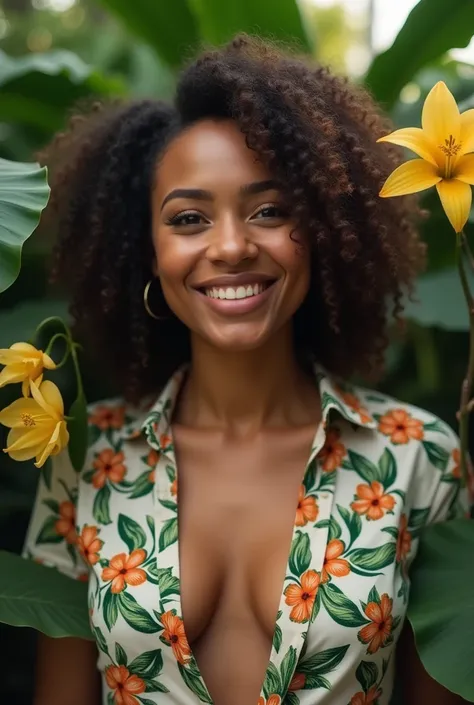  A Brazilian woman in a lush tropical garden,  wearing an open shirt with floral print ,  with a close up capturing the harmonious beauty between her breasts and natural flowers,  showing your natural charm and outgoing personality.