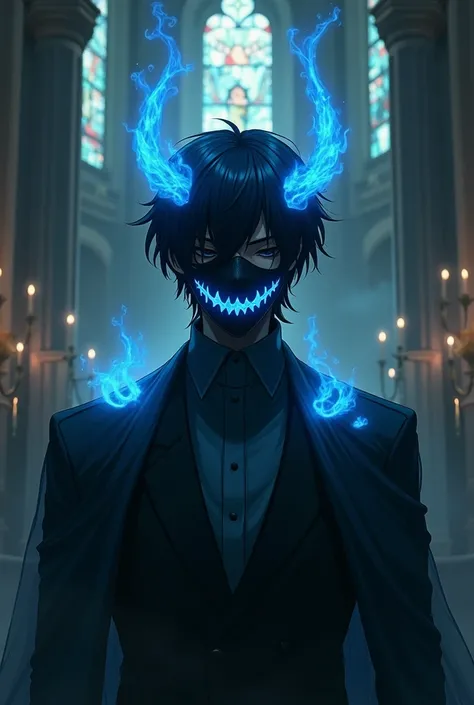 A male character with black hair wearing a black mask with an eyeless blue smile in a chapel with blue fire horns around his neck without twinkle in his eyes