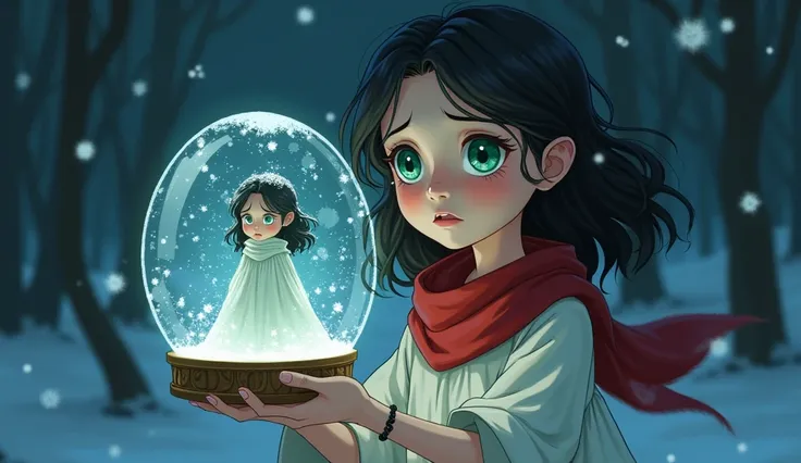 Amara a curious teenager with raven-black hair, emerald-green eyes, and a crescent-shaped birthmark on her wrist. She wears a flowing white dress and a red scarf. holds a glowing snow globe, inside which her mother’s figure is frozen, surrounded by swirlin...