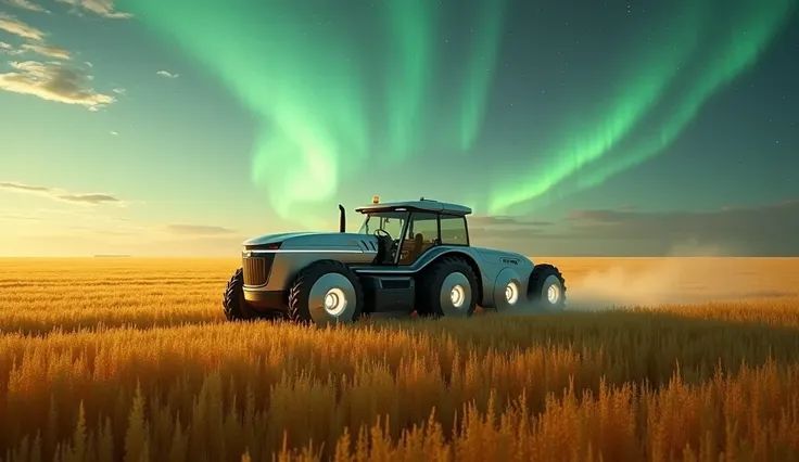  elegant futuristic tractor cutting through a vast golden plantation under an aurora borealis sky, with illuminated wheels in a sublime .