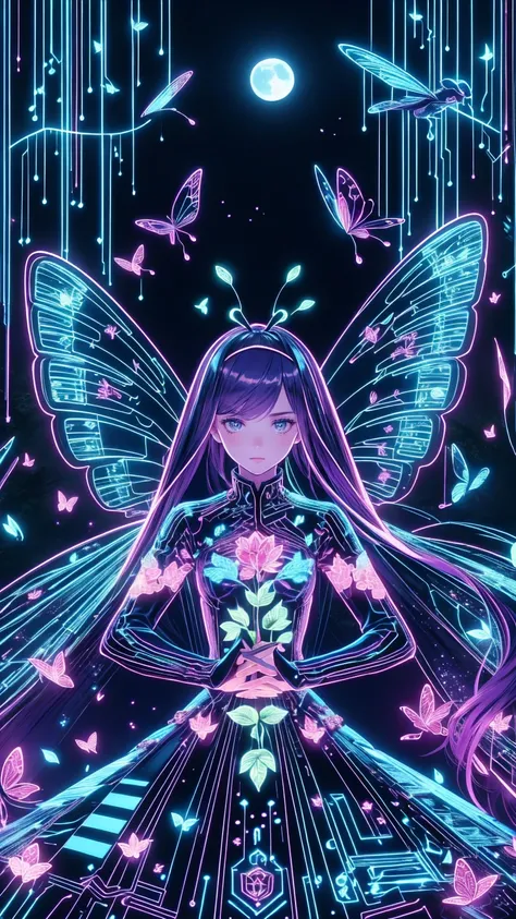   Masterpiece  ,  concept art, ( very detailed),  fairy butterfly 1 girl , Butterfly Wings, cute,  elegant ,  flowing purple hair , Magical Dress, Magnum opta fly :1.5) Flying around her, Mysterious Forest,  wrapped in dreamy moonlight , tranquility, ( wat...