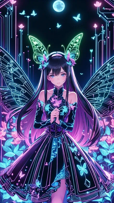   Masterpiece  ,  concept art, ( very detailed),  fairy butterfly 1 girl , Butterfly Wings, cute,  elegant ,  flowing purple hair , Magical Dress, Magnum opta fly :1.5) Flying around her, Mysterious Forest,  wrapped in dreamy moonlight , tranquility, ( wat...