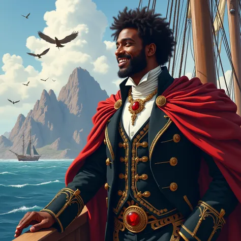 until,  digital illustration , highly detailed and visually impressive,  in digital painting style . At the bow of a grand and imposing ship,  a black man with bulky and curly hair looks out into the distance with a confident look. He appears to be about 4...