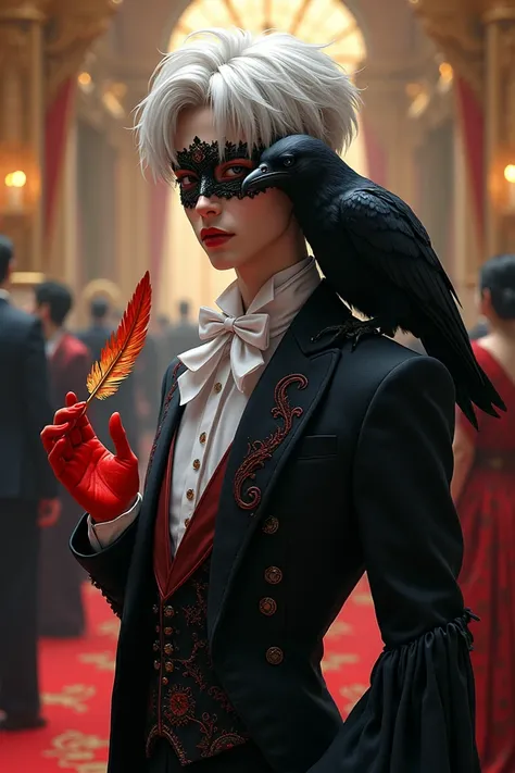 Make a 21-year-old male teenager with a raven on her shoulder holding a phoenix feather in her red hand with a mask on her face and with white hair at the masquerade ball 