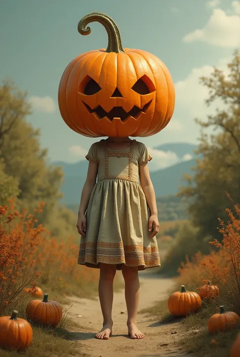 Girl with a Pumpkin outside her head, Just a pumpkin head.