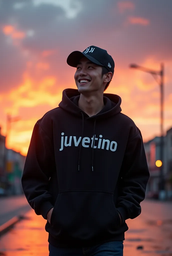 cinematic artwork of a handsome Korean man walking alone, (he looks up:1, wearing a black hoodie with the letters "Juventino", wearing a sports hat with the JJ logo, smooth face, laughing, hands in pockets, professional image), atmosphere cinematic, semi-r...