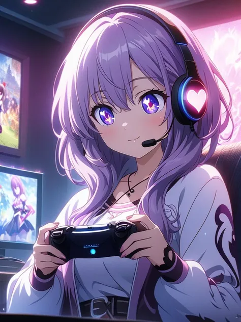 Beautiful girl wearing headset and holding Playstation 5 game controller in both hands while watching TV screen and playing game in game room,


Sparkling eyes and purple hair、Anime girl with glowing heart, Anime Style 4k, Devil Anime Girl, anime art wallp...