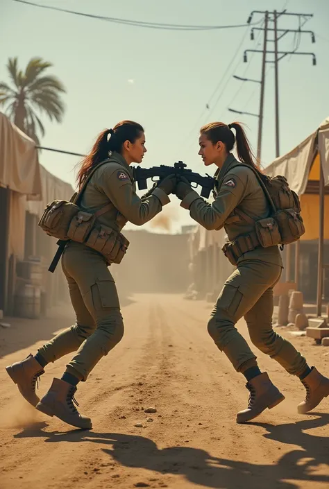 
 confrontation scene : women face each other in a military camp ,  simulating a tactical battle .

Description:  women exchange strategic movements with simulated weapons,  using controlled explosions , jumps and bearings .

