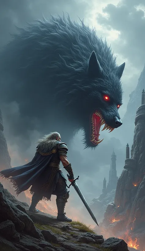 Create an image of the Norse god Tyr ,  God of war and justice , with a sword fighting a giant black ferocious wolf
