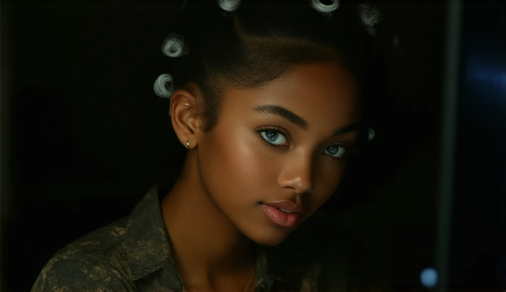  Beautiful 20-year-old black girl ,  thick lips and blue eyes , hair with lots of curlers ,  wears urban summer clothes ,  she works on the computer in the dark room,  only the screen illuminates her face , She looks happy