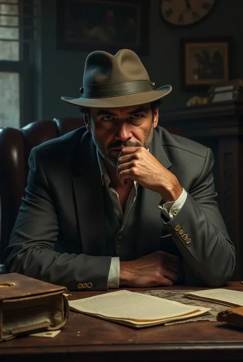 Detective Tony Peruano with a cap sitting in his office in Lima reflecting