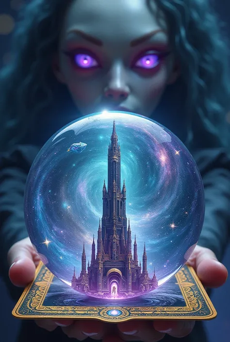 Image A crystal ball on a tarot ,  inside the ball the image of a giant tower floating in outer space with a galaxy background with aliens and star beings floating on top around it. The face of an alien with 3 eyes in the background behind the crystal ball...