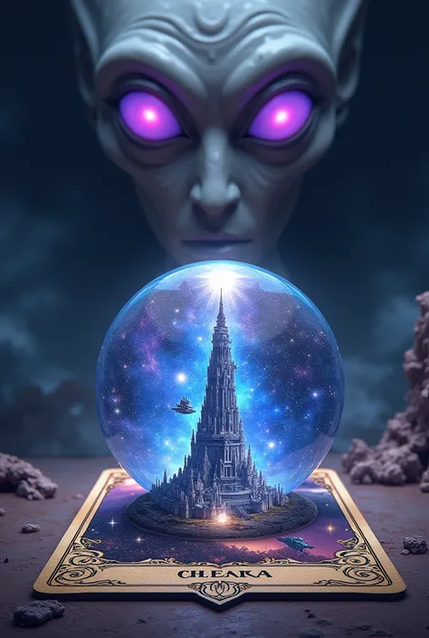 Image A crystal ball on a tarot ,  inside the ball the image of a giant tower floating in outer space with a galaxy background with aliens and star beings floating on top around it. The face of an alien with 3 eyes in the background behind the crystal ball...