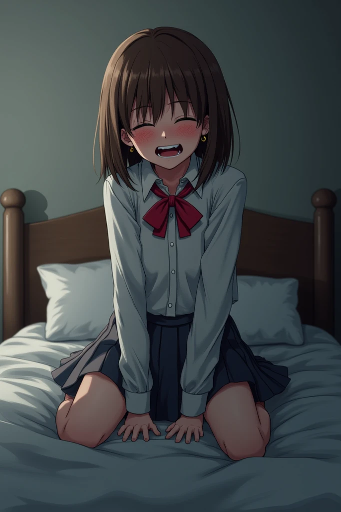 Ayase Momo, taste, Medium hair,  brown hair,  Closed eyes , teardrop, pudency, Grit one&#39;s teeth, Heavy breathing, Medium chest, impact,  red bow tie, Long sleeves, Blue Skirt, pleated skirt ,  light blue panties , sweat, , earring, collared shirt,  whi...