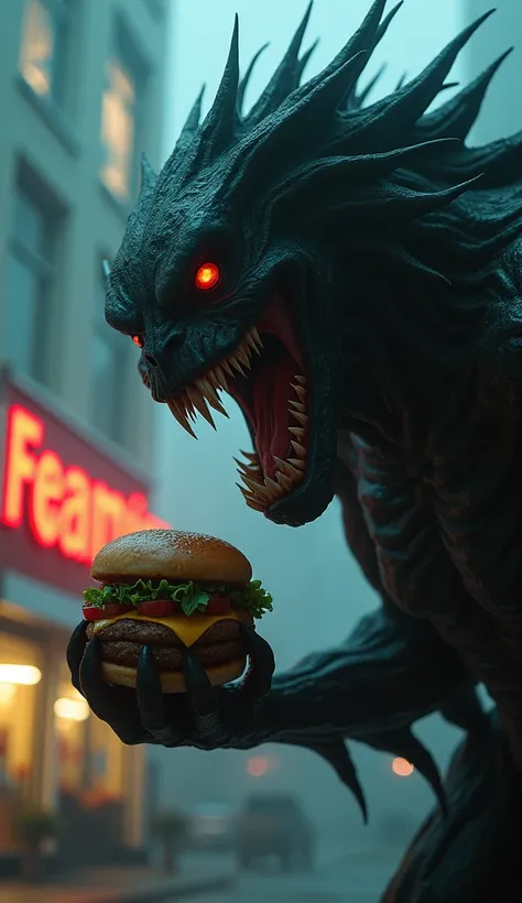 creature similar to a dark-colored demogorgon that smiles and has a hamburger in its hand and a fast food store in the background