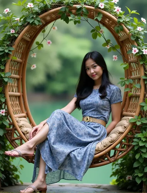 An oval rattan swing decorated with beautiful tanaman hijau merambat yang berbunga kecil warna-warni, and a beautiful 30 year old indonesian, woman sitting relaxed on the swing, looking directly on camera, wear fashionable short sleeve blue/white combinati...