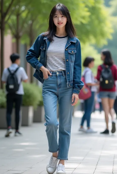 A full-body image of a confident 17-year-old Korean girl with straight black hair neatly styled to her shoulders. She has a poised and determined expression, her sharp features radiating leadership. She is dressed in stylish yet casual teenage clothing: a ...