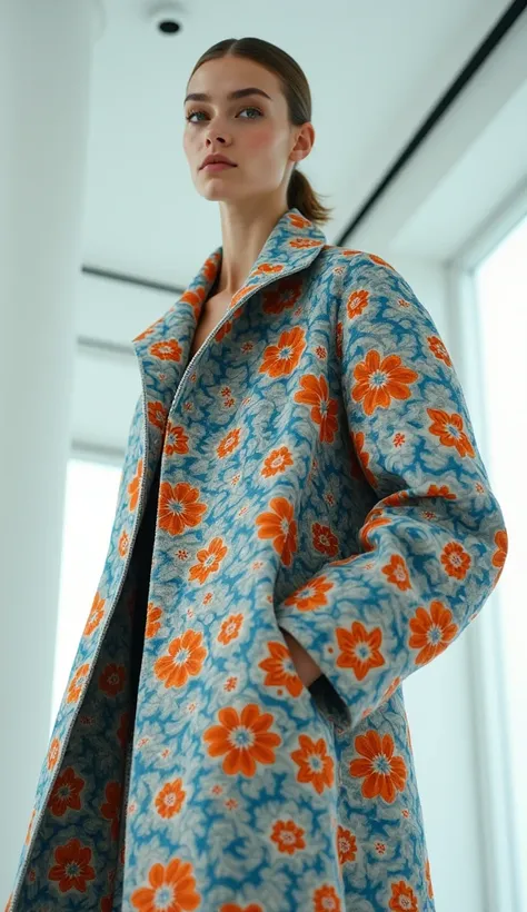 A woman wears an extremely voluminous coat with a baroque print made up of blue and orange flowers. The model displays a serious expression and is in a predominantly white retro-futuristic design room. The scene is hyper-realistic, high quality, with an em...