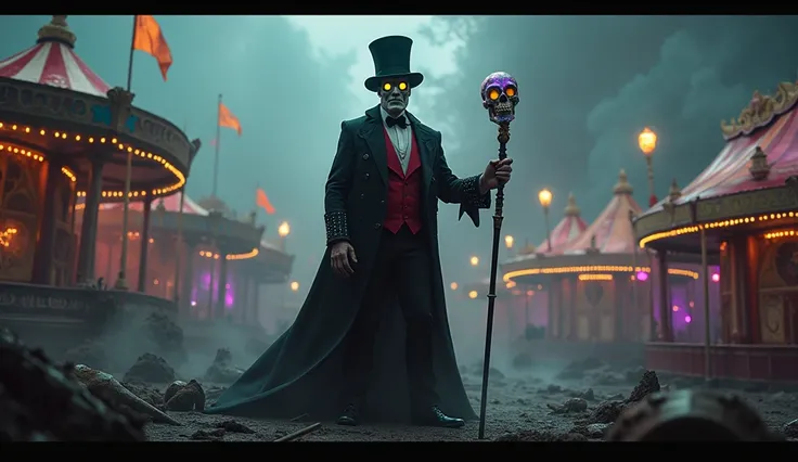 The carnival in decay, with rides collapsing into ash, and the Ringmaster a  tall, pale man with a top hat, glowing golden eyes, and a crimson tailcoat. His cane, topped with a crystal skull, reflects the shifting colors of the carnival.   transforming int...