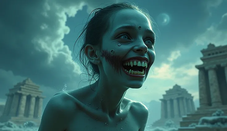 The girl with scary teeth in the sky past the temples must be a zombie