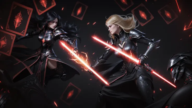 Two powerful women clash in a dramatic futuristic duel, inspired by Lineage 2 and epic card game fantasy art. A blonde warrior in sleek black technological armor wields a red lightsaber, battling a queen in red-and-black armor with flowing black hair and a...