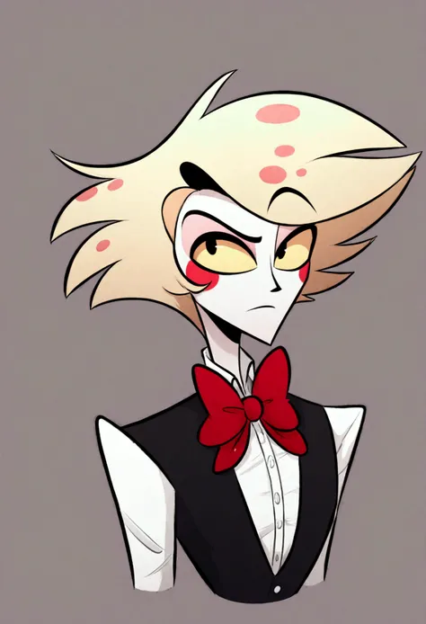 Young male demon, pale gray skin, messy long-falling back blonde hair, neutral Expression, handsome features, slender & tall, folded arms, black button up shirt, red bowtie, upper body shot, Hazbin Hotel animation style image.