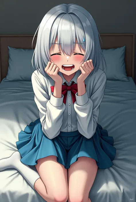 Kujo Arisa, taste, Medium hair,  White Head ,  Closed eyes , teardrop, pudency, Grit one&#39;s teeth, Heavy breathing, Medium chest, impact,  red bow tie, Long sleeves, Blue Skirt, pleated skirt ,  light blue panties , sweat, , earring, collared shirt,  wh...