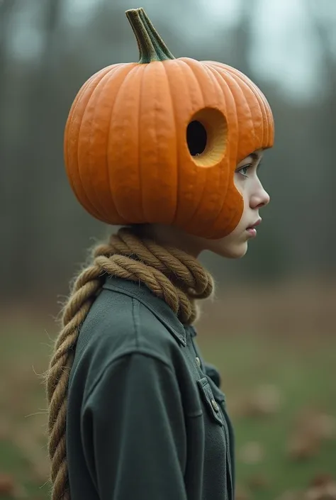 School teenage girl with a Pumpkin outside her head, Just a pumpkin head and fit with the average human head with no hair showing. Also tied with a larger rope.