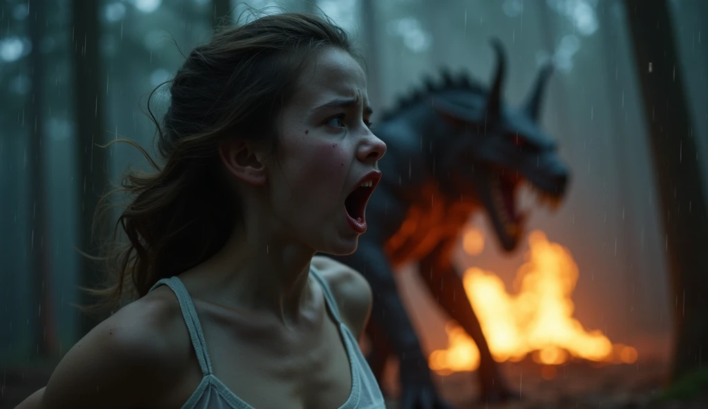 8k photo realistic, close up pretty young girl, (ruined bold red lips), (scream), (translucent underwear) (midle breast), (thin thong),  running, giant horned balrog behind, dark midnight, big fire in the wood, heavy rain, starry nigh