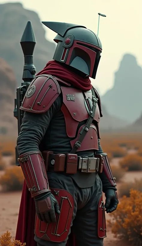 a lone traveling mandalorian bounty hunter, detailed metal armor painted red with clan insignias, traveling through the wilderness on an alien planet, cinematic lighting, moody color palette, dramatic shadows, sense of solitude and adventure, highly detail...