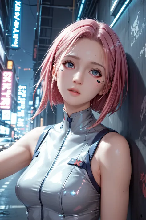 "A vibrant 18-year-old girl 、 exists in a cyberpunk world ,  she wears a shiny silver jumpsuit with flying cars and a large digital screen in the background {x} wearing a shiny silver jumpsuit. Her short,  under the neon lights in a futuristic city 、 with ...