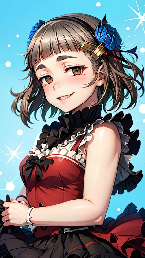 (((solo))), 1 woman, Sakuya Kurobane, sakuyaunif, kurobane_sakuya, (brown eyes), short hair, grey hair, black hairband, blue hair flower, red eyeliner, chest, blush, smile, (upper body), santa claus