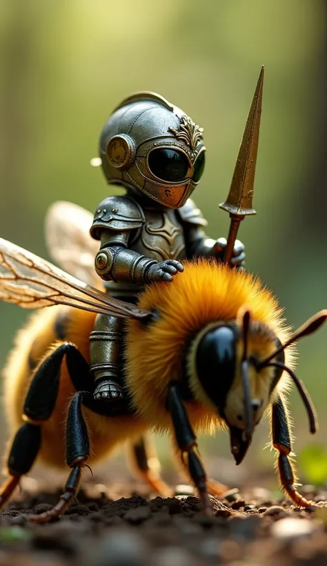 Macro photograph of a tiny baby knight in full armor riding on the back of a bee, holding a small lance, bee fuzz and knights armor in high detail, surreal and epic, soft forest lighting, hyper-realistic photo mode."