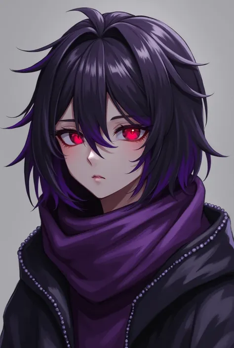 A guy have Purple and Black hair mixed together and a purple scarf with purple hood and a boring face with red eye