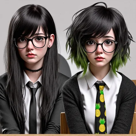 Two girls, Polina and Margarita, are sitting at a desk and preparing for a physics test. Margarita has a small mole under her eye, a medium-sized straight nose, an eyebrow piercing, long black hair, no bangs, she is wearing a black shirt, and sharp rectang...